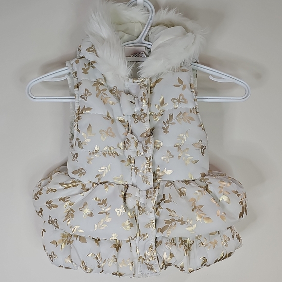 Little Lass White 4T Hooded Zip Up Vest with Gold Floral Pattern - Picture 1 of 8